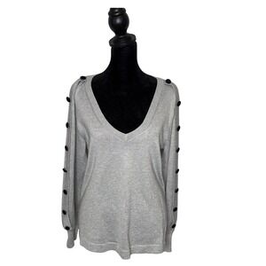 Karl Lagerfeld Metallic Silver Sweater Size M Sparkly Shimmer Button Sleeves